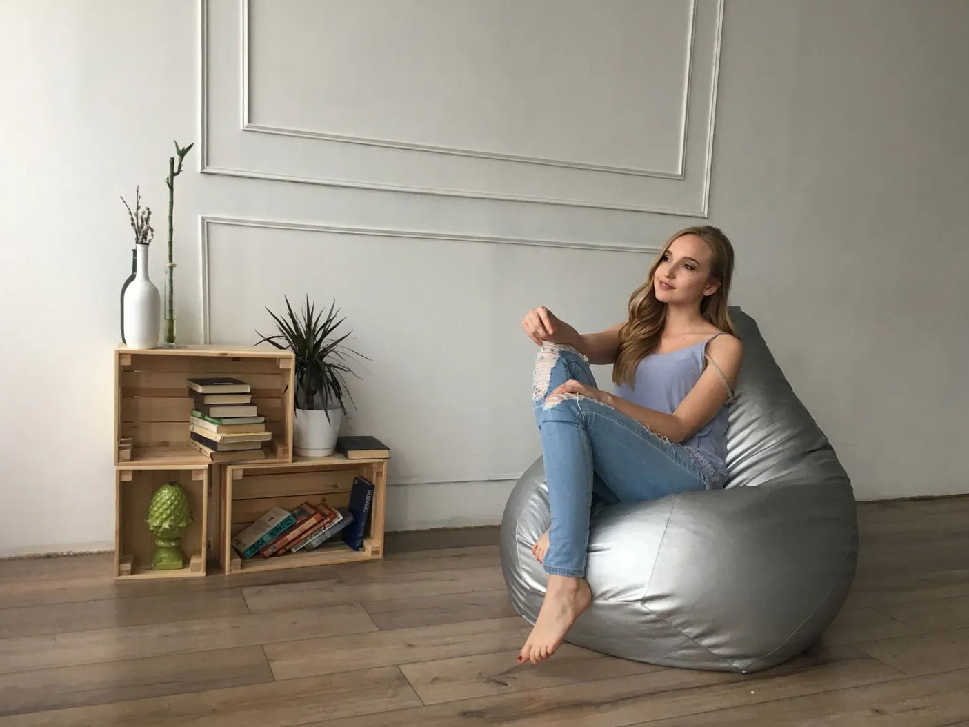 Кресло-мешок Груша серебристый, экокожа, XL купить в Москве