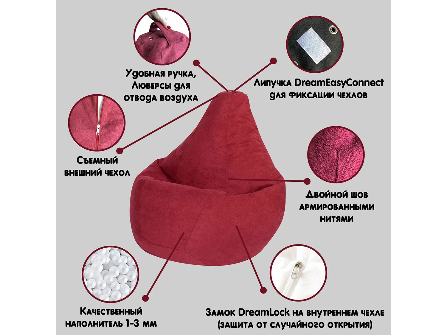 Кресло-мешок Груша фиолетовый, экокожа, 3XL купить в Москве