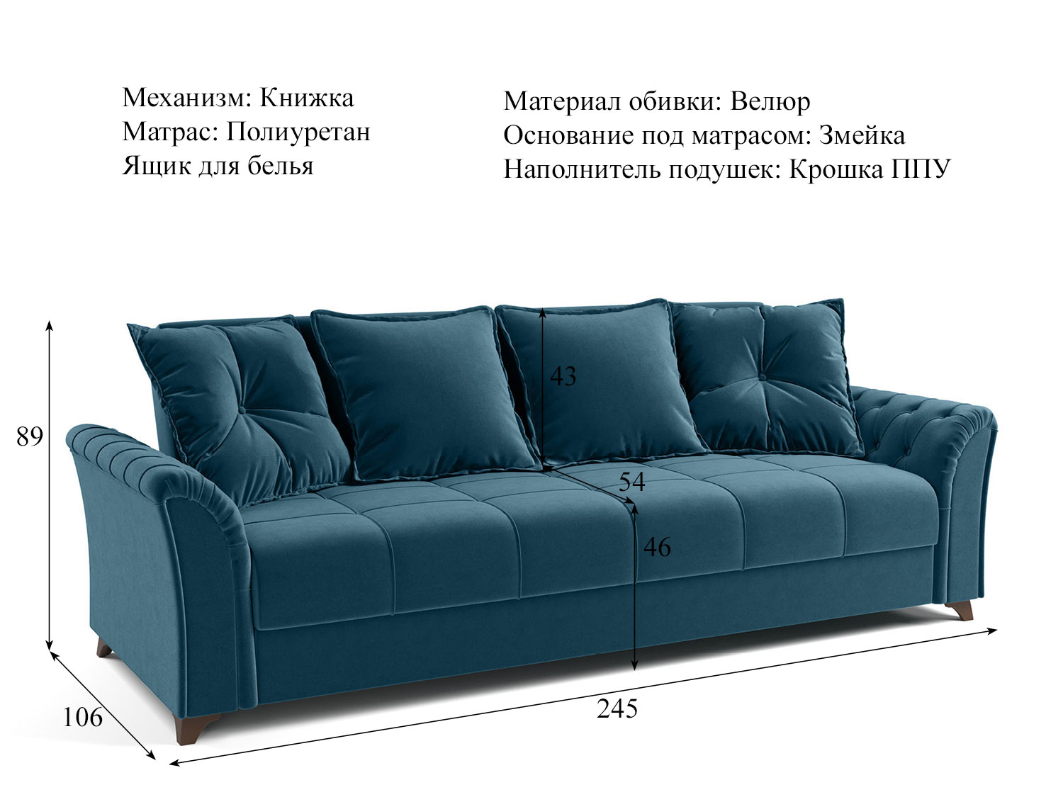 Диван Ирис арт. ТД 578 (велюр Tenerife deep ocean) купить в Москве