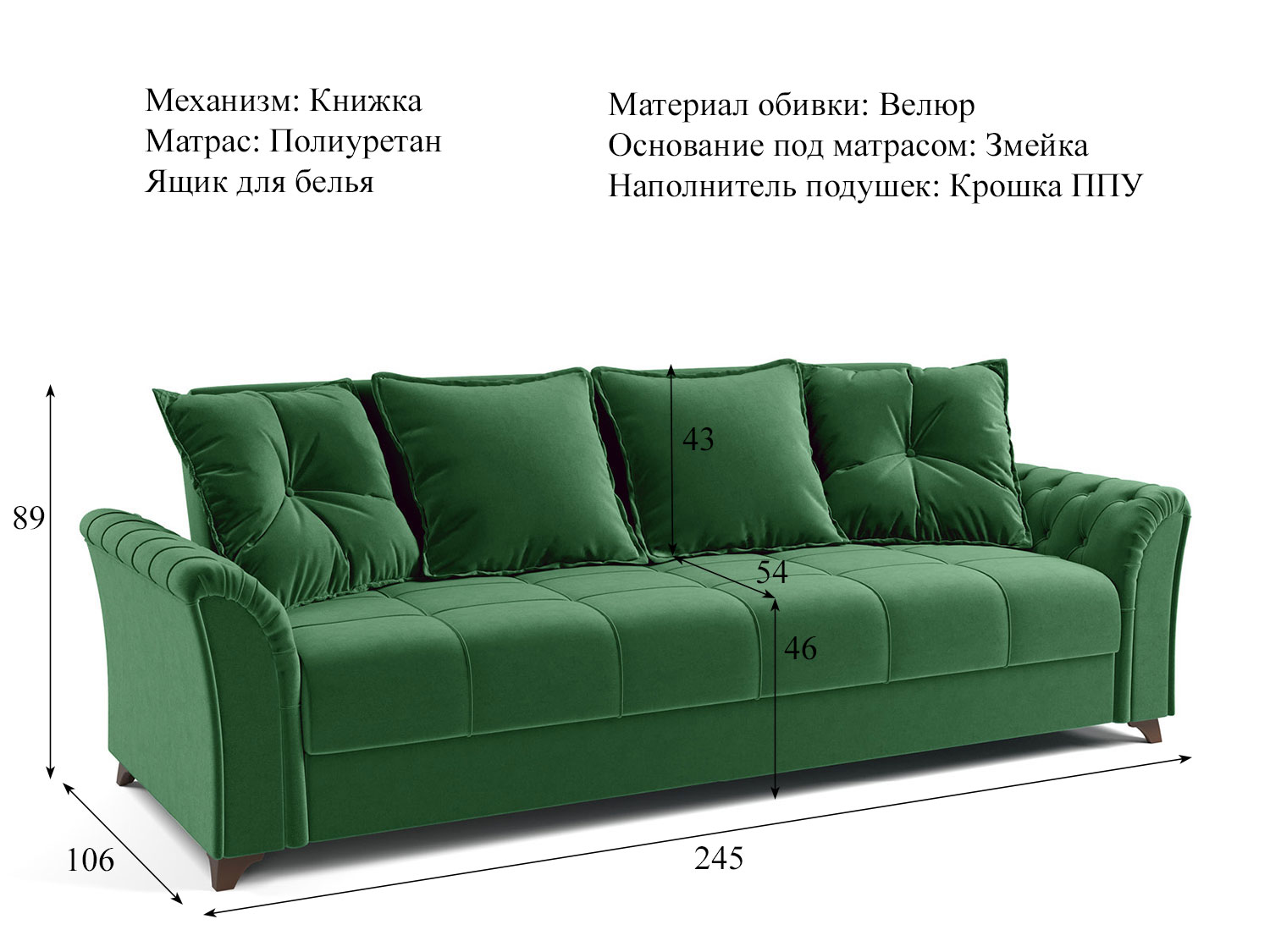 Диван Ирис арт. ТД 579 (велюр Tenerife deep grass) купить в Москве