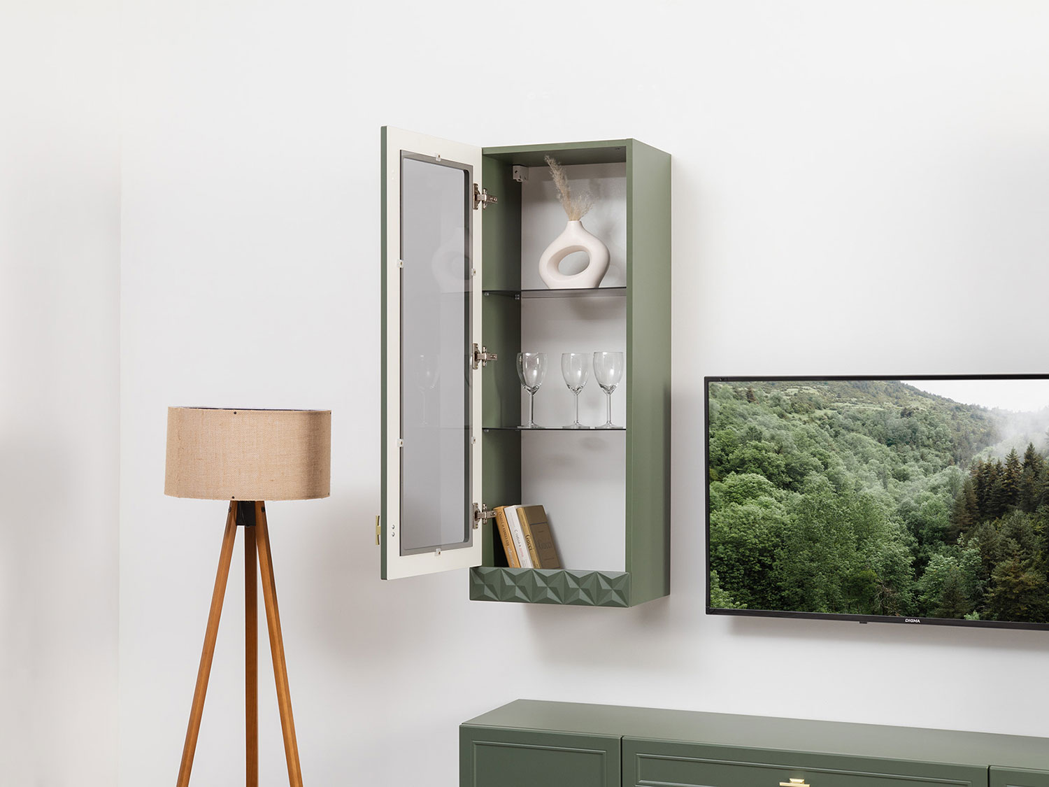 Шкаф навесной Марион 16.334, Дымчатый зеленый / Олива шагрень купить в Москве