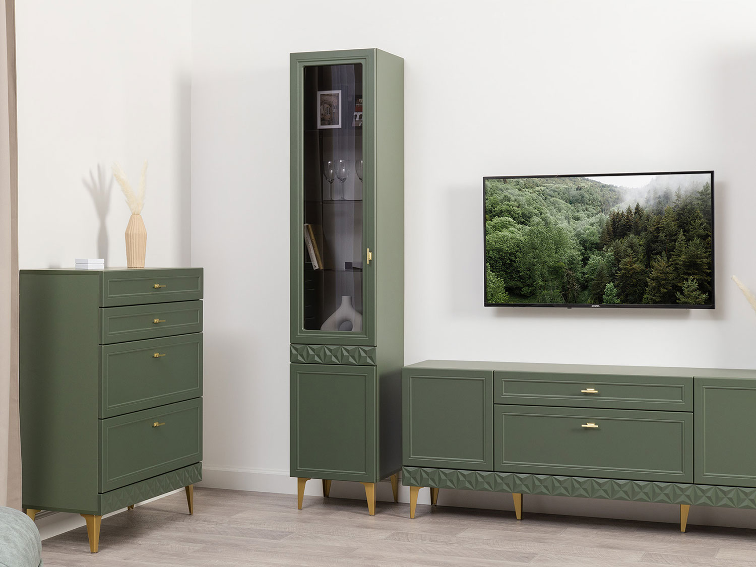 Шкаф-витрина Марион 16.397.01, Дымчатый зеленый / Олива шагрень купить в Москве