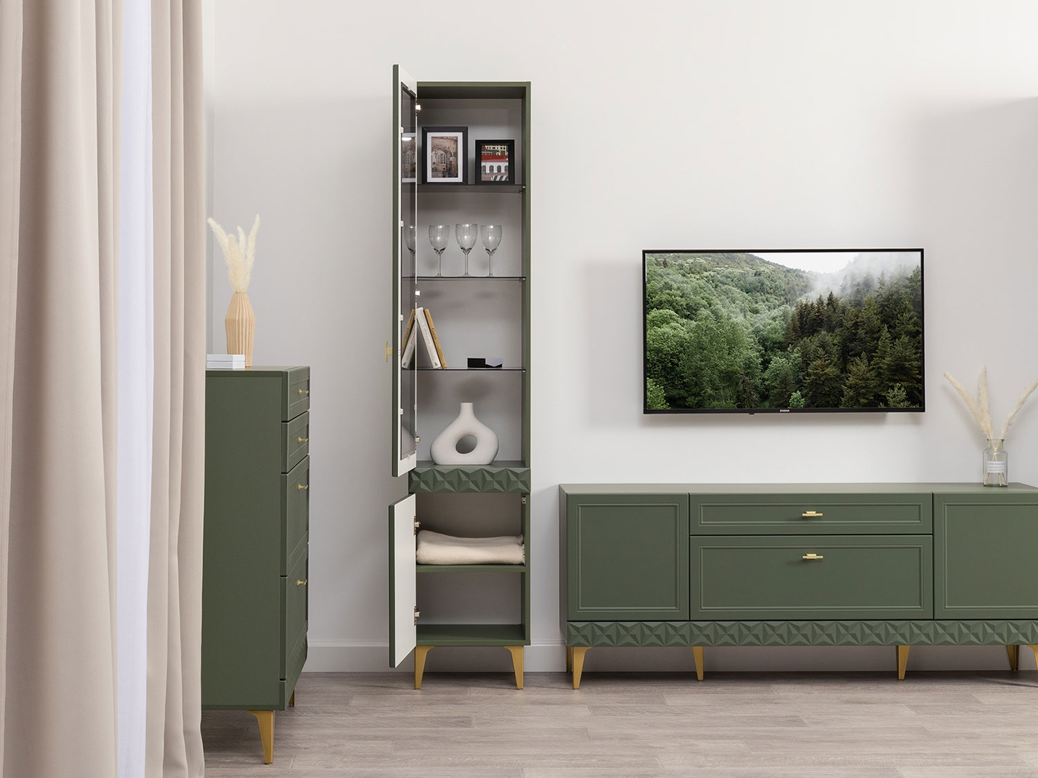 Шкаф-витрина Марион 16.397.01, Дымчатый зеленый / Олива шагрень купить в Москве