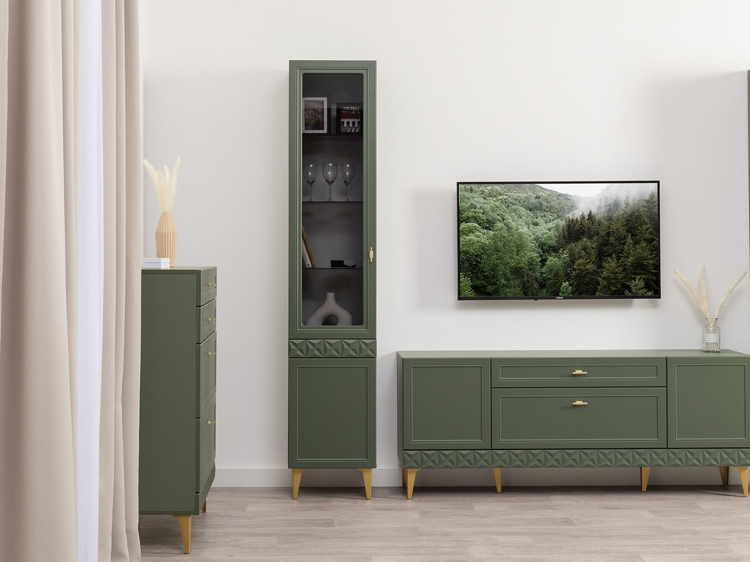 Шкаф-витрина Марион 16.397.01, Дымчатый зеленый / Олива шагрень купить в Москве