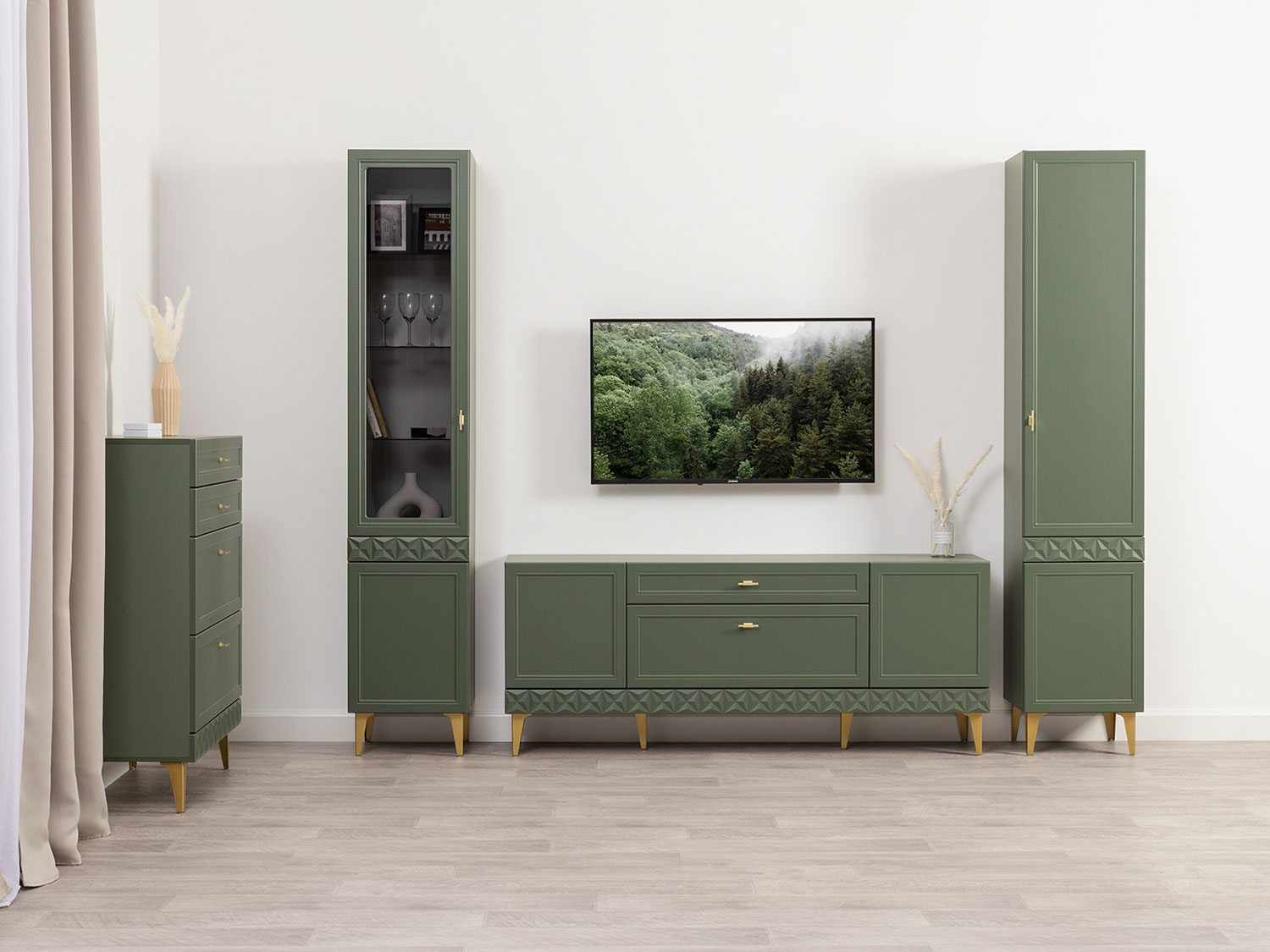 Шкаф-витрина Марион 16.397.01, Дымчатый зеленый / Олива шагрень купить в Москве