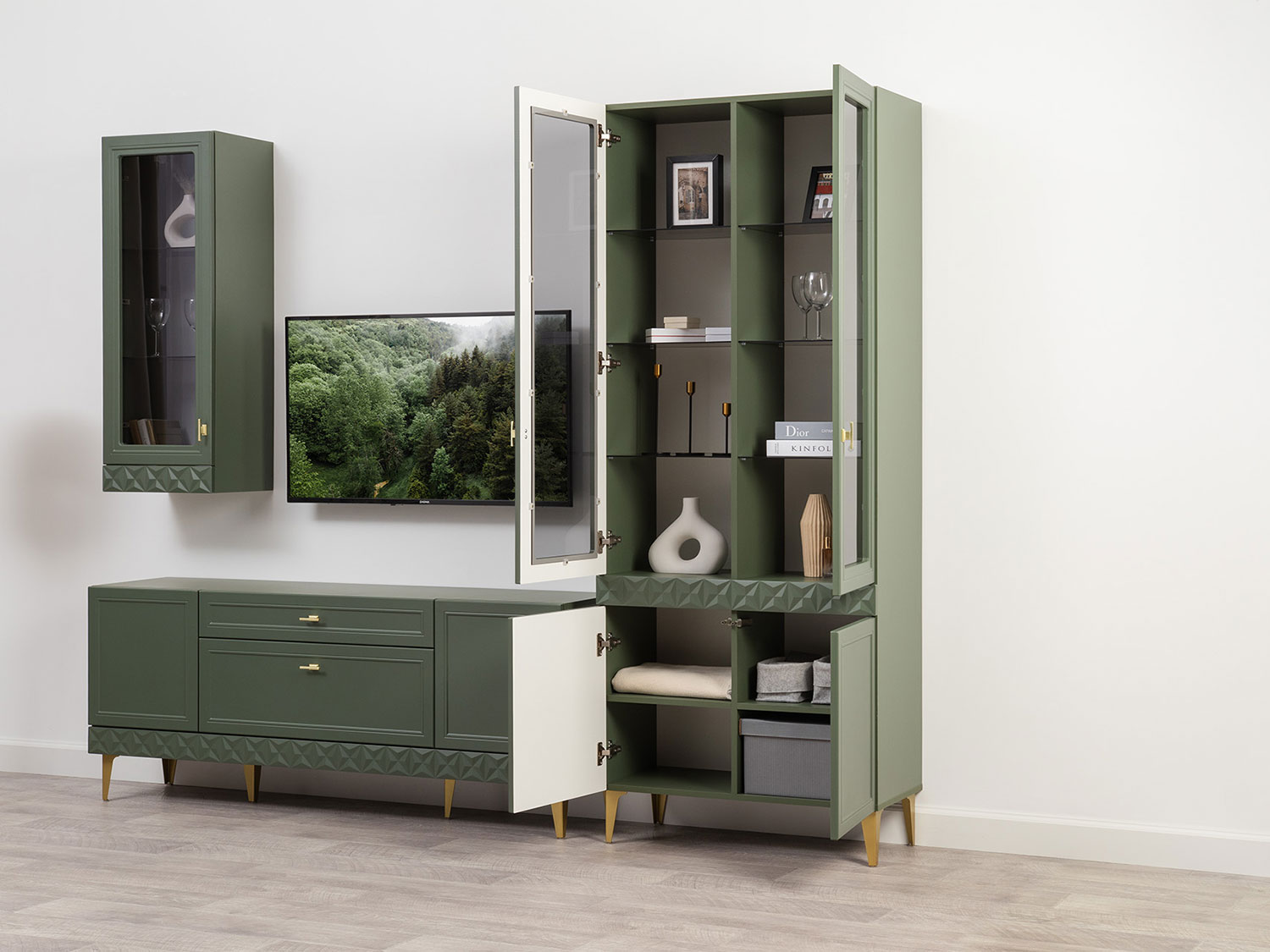 Шкаф-витрина Марион 16.397.02, Дымчатый зеленый / Олива шагрень купить в Москве
