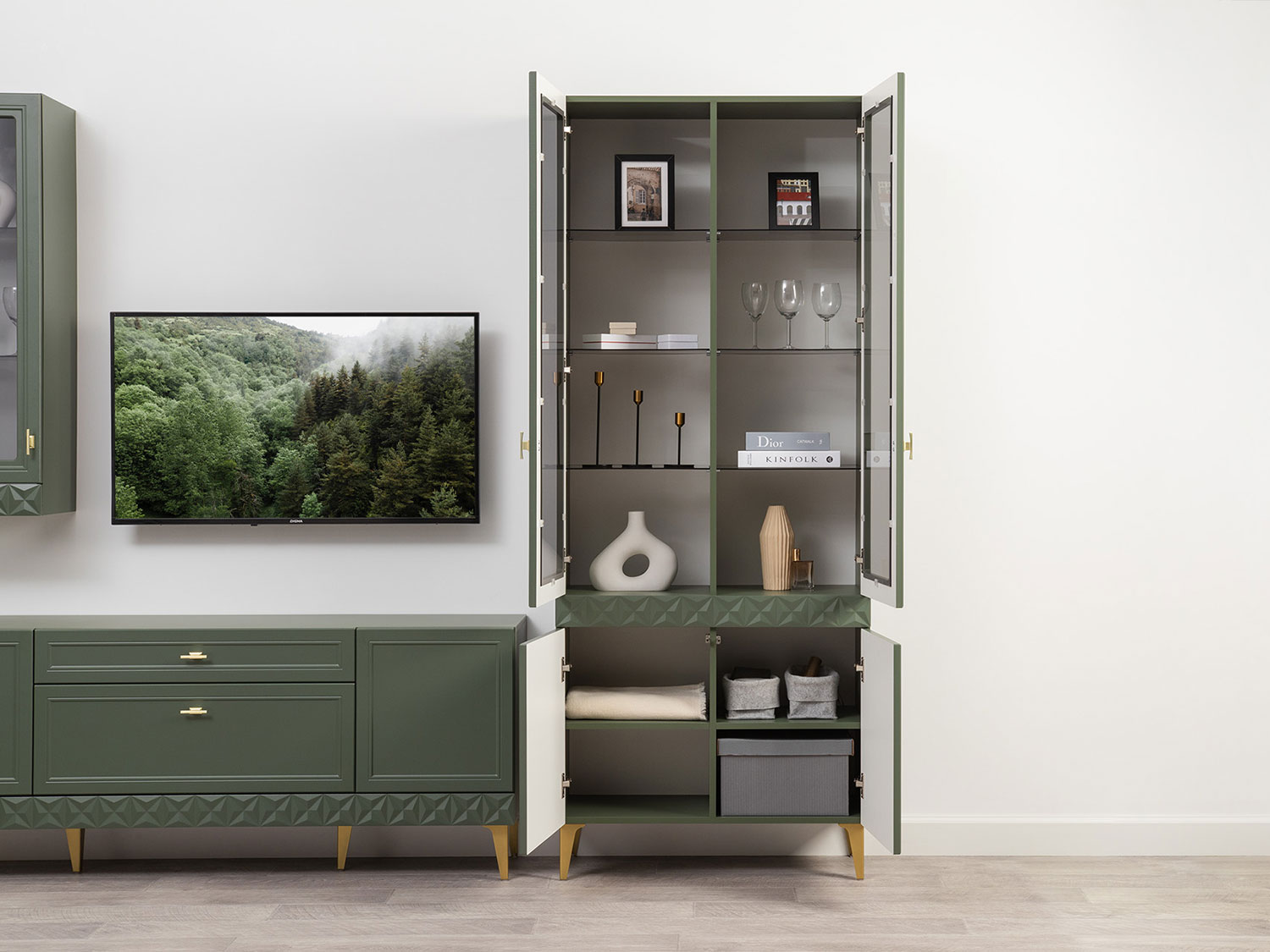 Шкаф-витрина Марион 16.397.02, Дымчатый зеленый / Олива шагрень купить в Москве