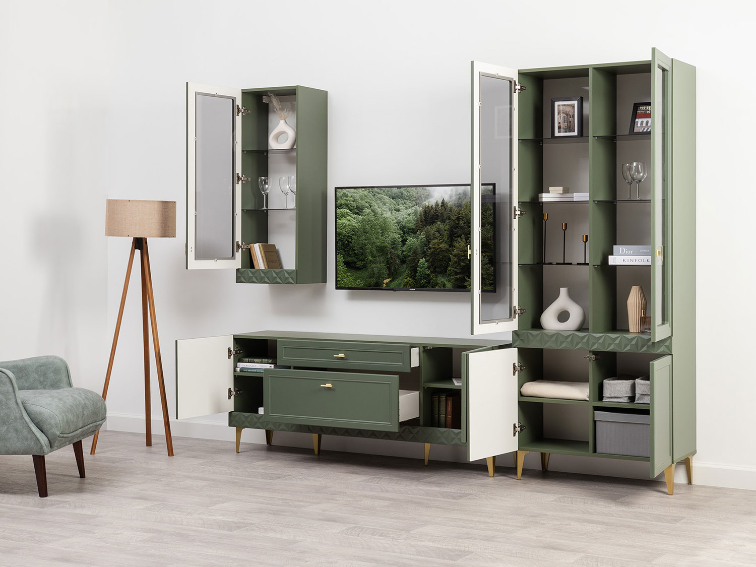 Шкаф-витрина Марион 16.397.02, Дымчатый зеленый / Олива шагрень купить в Москве