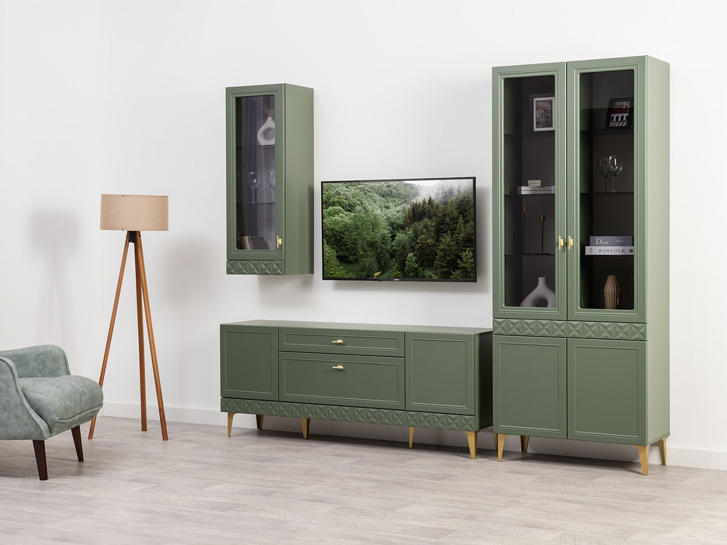 Шкаф-витрина Марион 16.397.02, Дымчатый зеленый / Олива шагрень купить в Москве