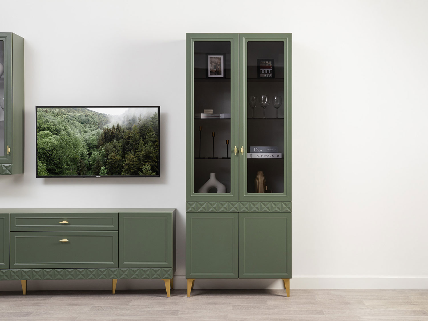 Шкаф-витрина Марион 16.397.02, Дымчатый зеленый / Олива шагрень купить в Москве