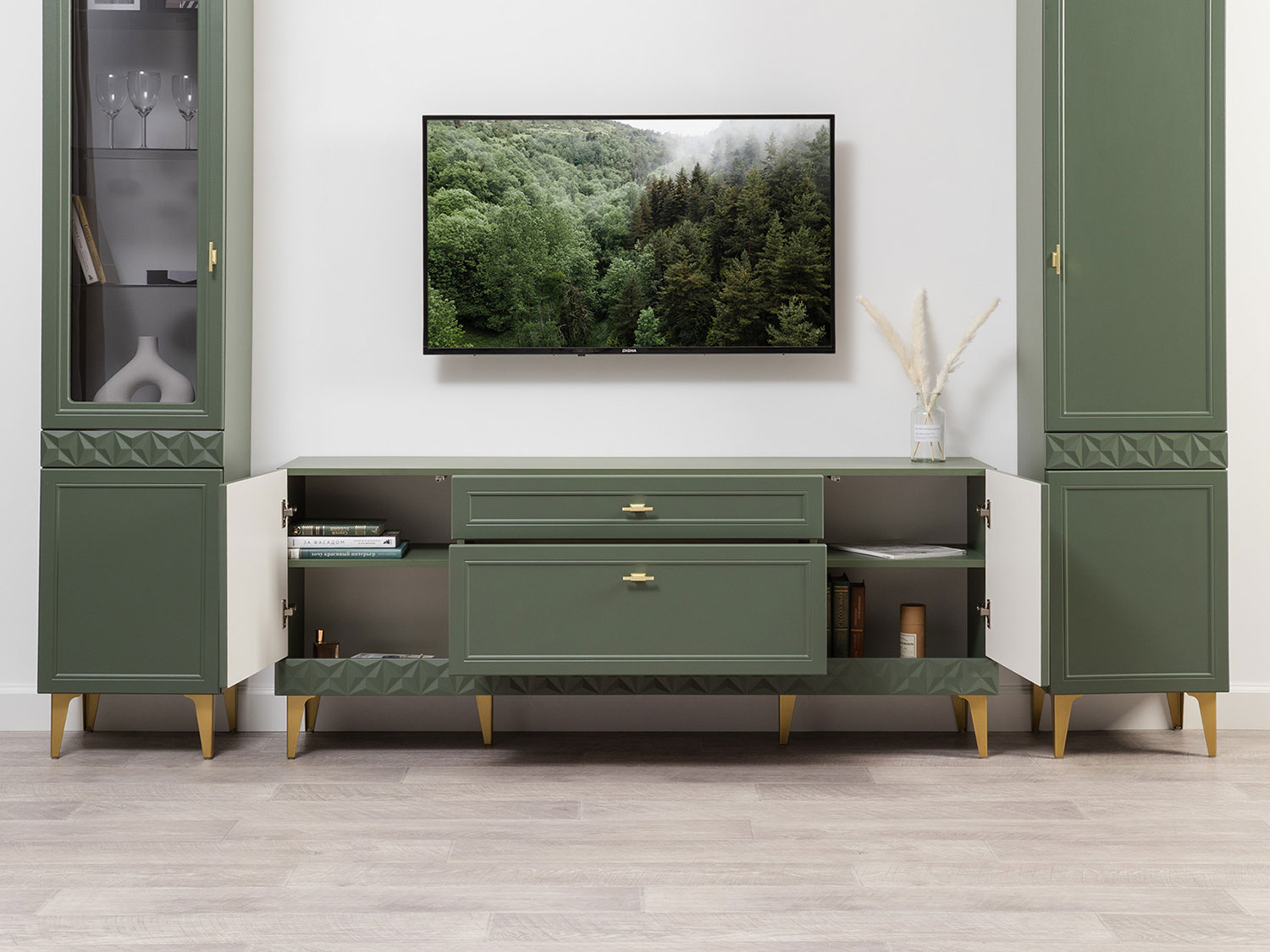 Гостиная Марион Комплект 1, Дымчатый зеленый / Олива шагрень купить в Москве