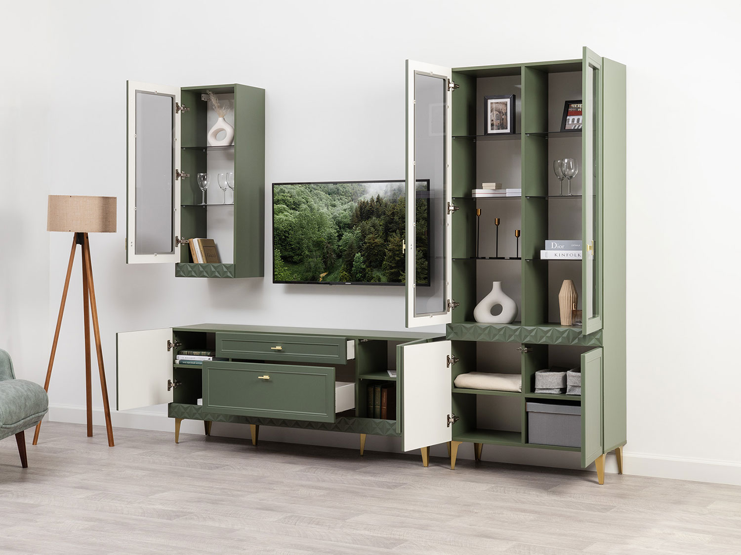 Гостиная Марион Комплект 2, Дымчатый зеленый / Олива шагрень купить в Москве