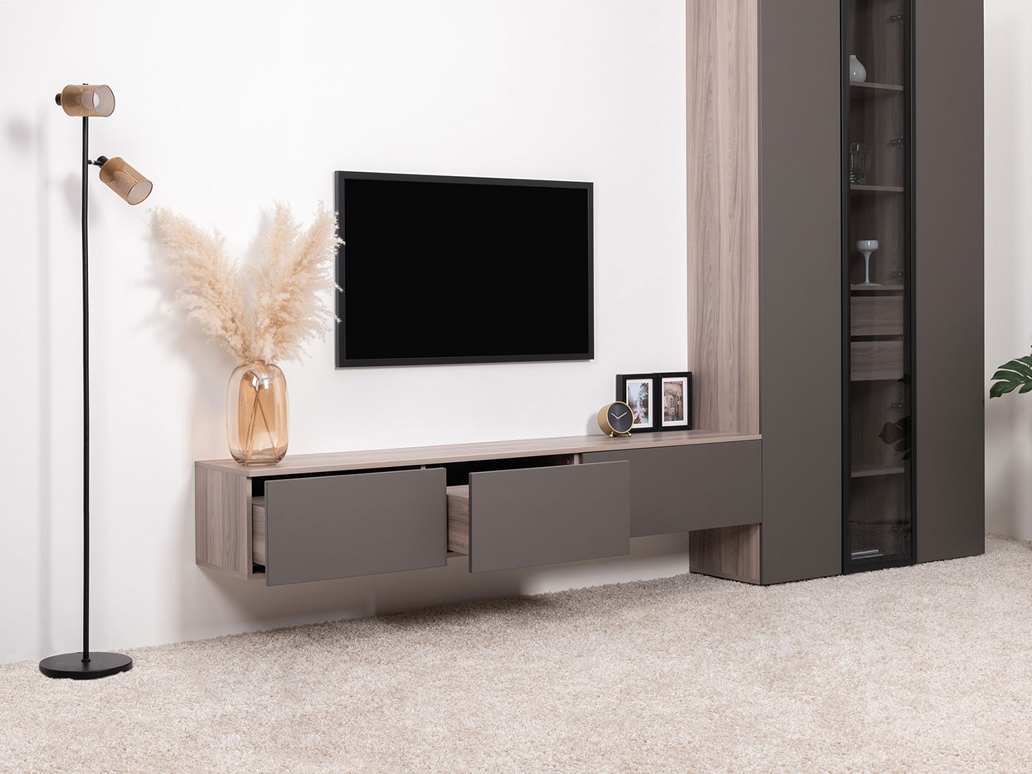 Тумба под ТВ Роквуд 16.54.02, Эмили Блаш + Графит мягкая шагрень купить в Москве